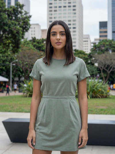 Fernanda, 25, Brazilian single from São Paulo in sage dress at modern urban park - verified dating profile