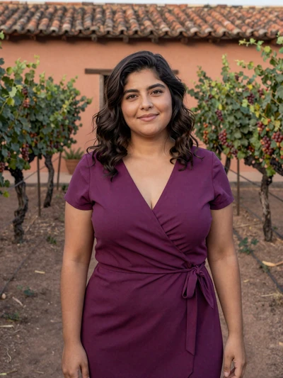 Martina, 26, Chilean woman from Talca in plum dress at Maule Valley vineyard courtyard - Latin 312 Dating verified profile