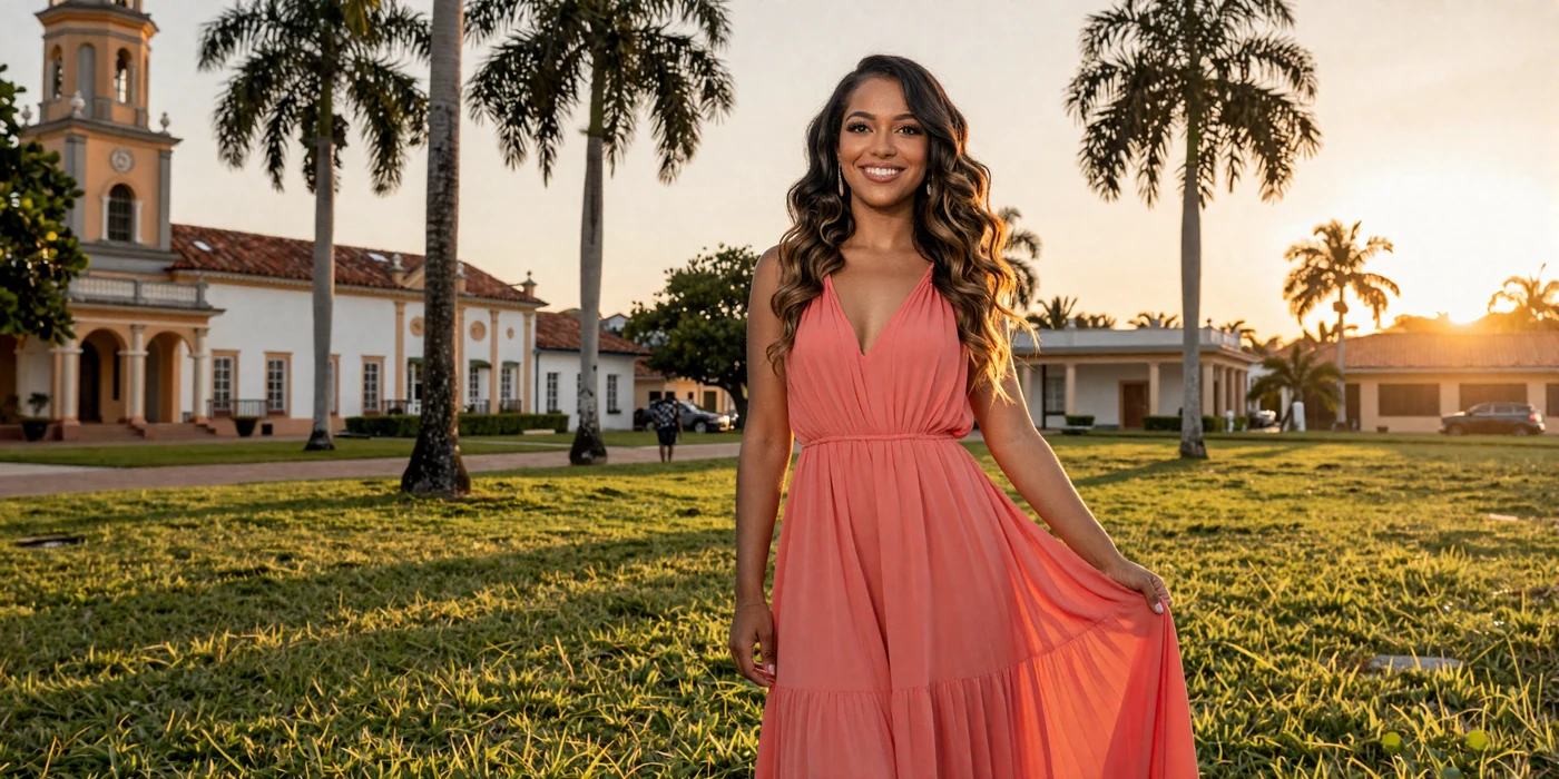 Beautiful Trinidadian woman smiling at Queen's Park Savannah in Port of Spain with colonial architecture and tropical palms at golden hour