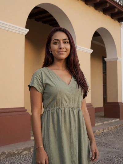 Maylin, 27, Cuban woman from Santa Clara in sage dress near colonial archway - Latin 312 Dating profile