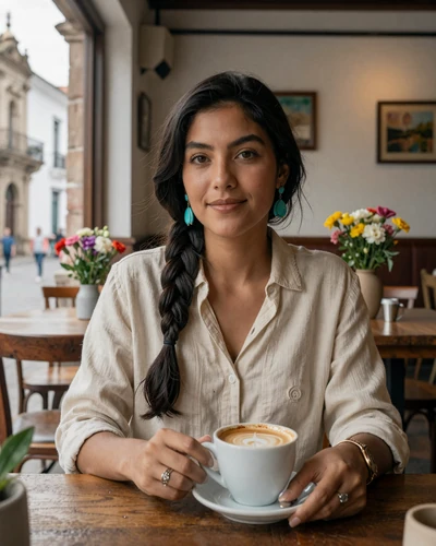 Genuine Ecuadorian woman enjoying coffee at a charming cafe in Cuenca with colonial architecture visible through the window