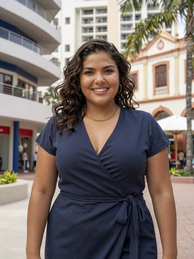 Giselle, 30, Aruban woman from Oranjestad in navy dress at Dutch colonial shopping district - verified dating profile