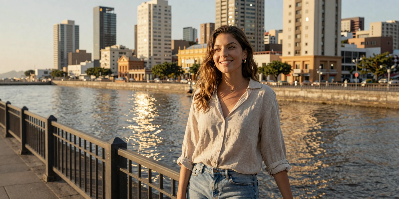 Beautiful Uruguayan woman smiling on the Montevideo Rambla waterfront at golden hour with the Rio de la Plata in the background