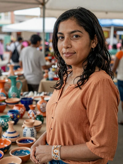 Esperanza, 27, Nicaraguan single from Masaya in rust orange blouse at artisan pottery market - verified dating profile