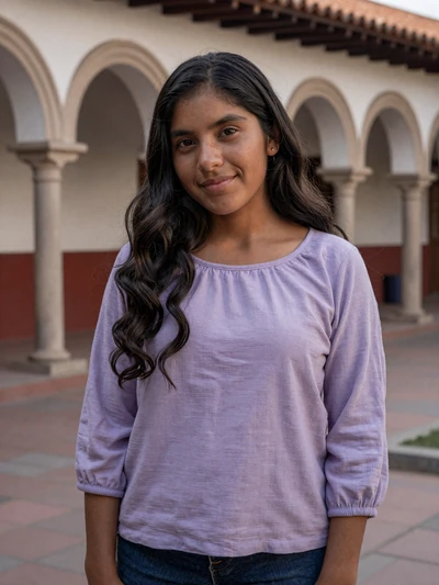 Rocío, 23, Bolivian single from Sucre in lavender blouse in colonial courtyard - verified Latin 312 profile
