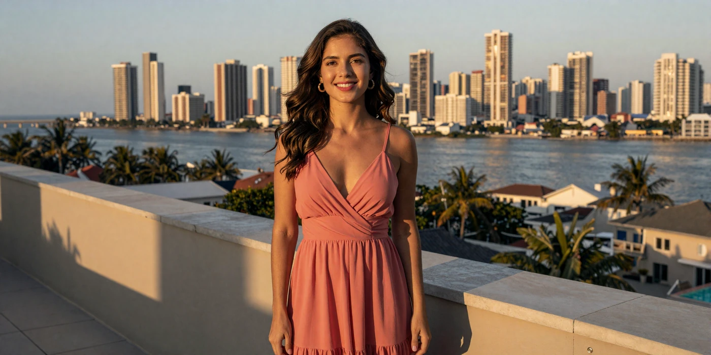 Beautiful Panamanian woman smiling on a rooftop terrace overlooking the modern Panama City skyline at golden hour