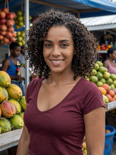 Gabrielle, 26, mixed-race Trinidadian single from Sangre Grande in burgundy top at colorful market - verified profile