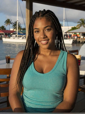 Raquel, 27, Bahamian single from Freeport at a waterfront restaurant with marina boats - verified dating profile
