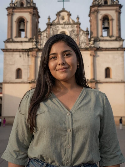 Andrea, 29, Honduran single from Comayagua in green blouse near colonial church - verified dating profile