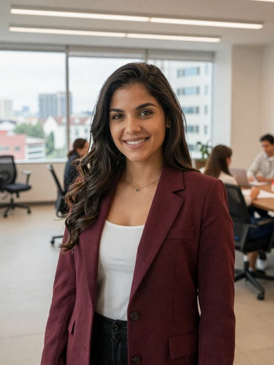 Alejandra, 29, Venezuelan woman in Bogotá diaspora in burgundy blazer at modern coworking space - Latin 312 verified profile