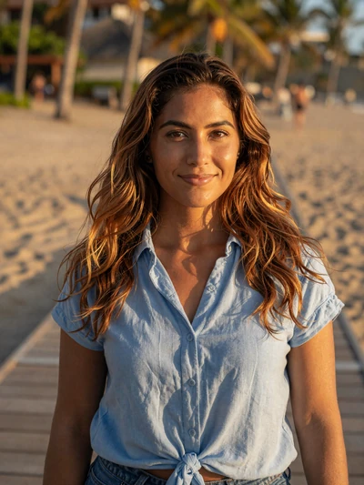 Catalina, 27, Costa Rican woman from Liberia on beach boardwalk in Guanacaste at golden hour - Latin 312 Dating profile