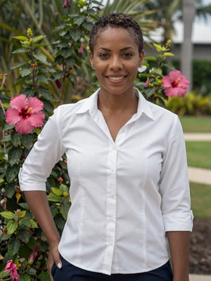 Monique, 30, Bahamian woman from Nassau in a tropical garden with hibiscus flowers - Latin 312 verified profile