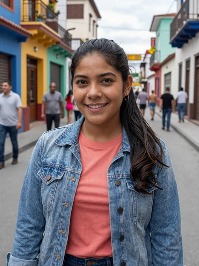 Cindy, 22, Salvadoran single from Apopa in coral top on a vibrant urban street - verified dating profile