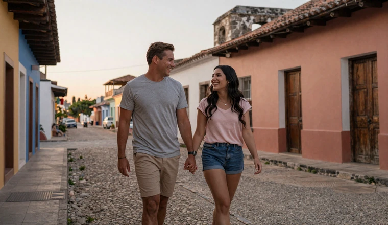 Interracial couple walking hand in hand through a colorful colonial Latin American town at sunset representing cross-cultural dating success