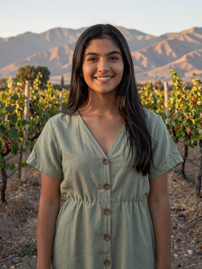 Valentina, 24, Argentinian single from Mendoza in sage dress at vineyard with Andes backdrop - verified dating profile