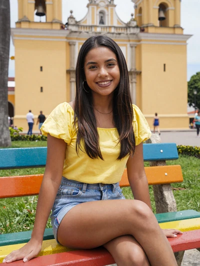 Dalila, 23, Nicaraguan woman from Granada in yellow top at central park with cathedral view - Latin 312 verified profile