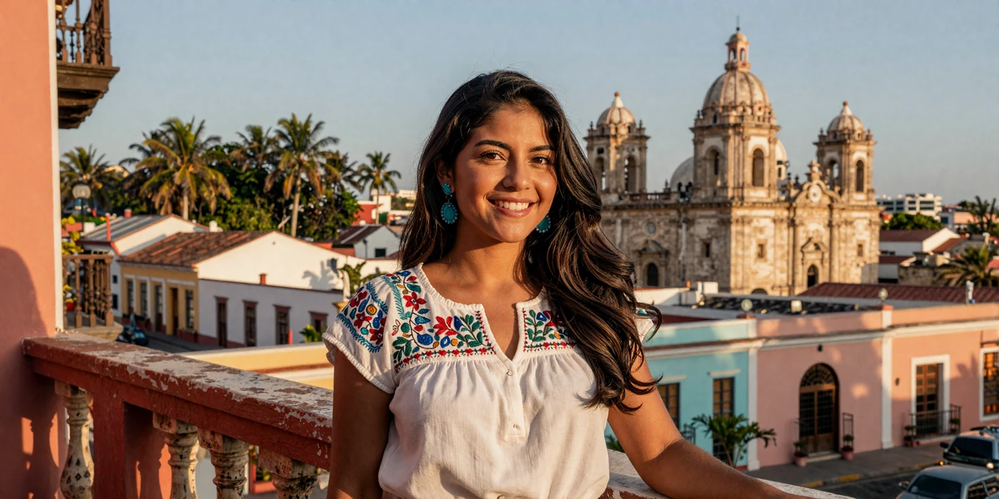 Beautiful Nicaraguan woman smiling on a colonial balcony in Granada with colorful pastel buildings and cathedral dome in golden hour light