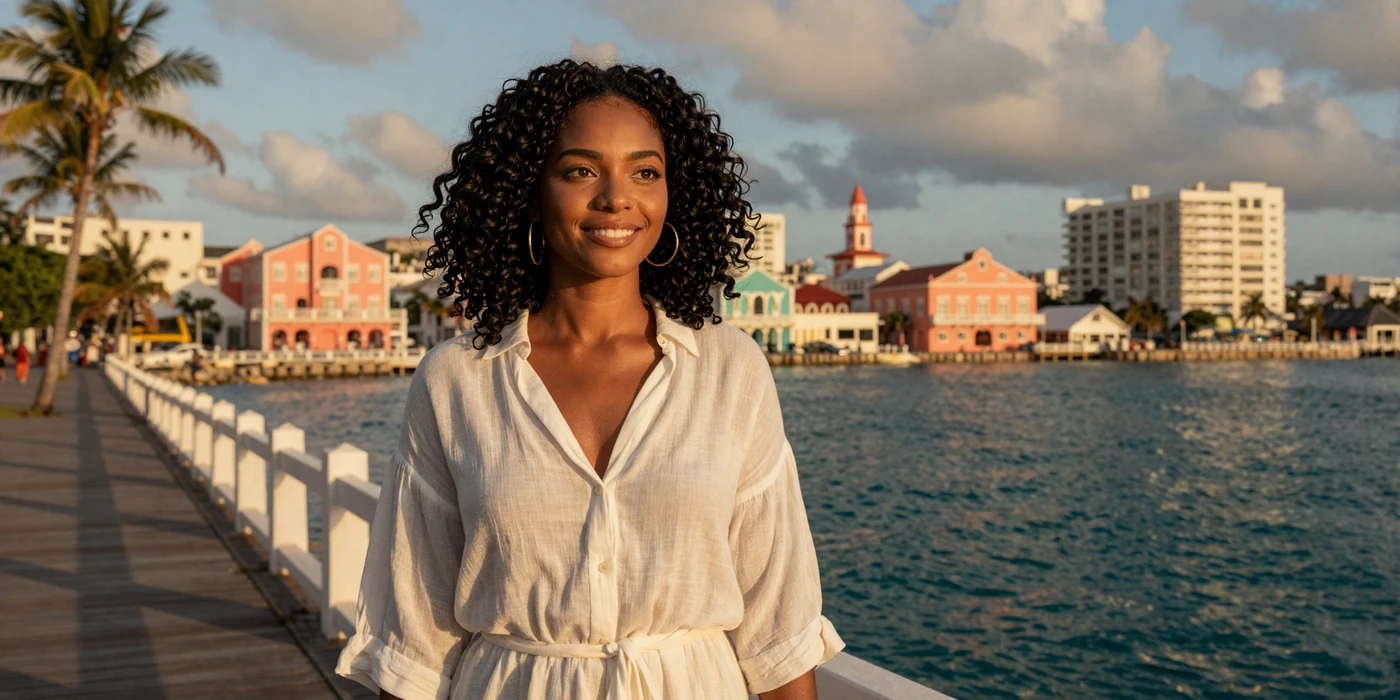 Elegant Barbadian woman smiling on a Bridgetown boardwalk with colorful colonial buildings and turquoise Caribbean waters at golden hour