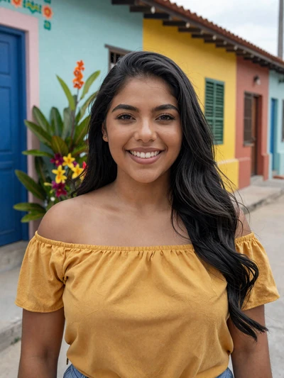 Oriana, 26, Venezuelan single from Caracas in yellow top standing in colorful tropical neighborhood - verified dating profile