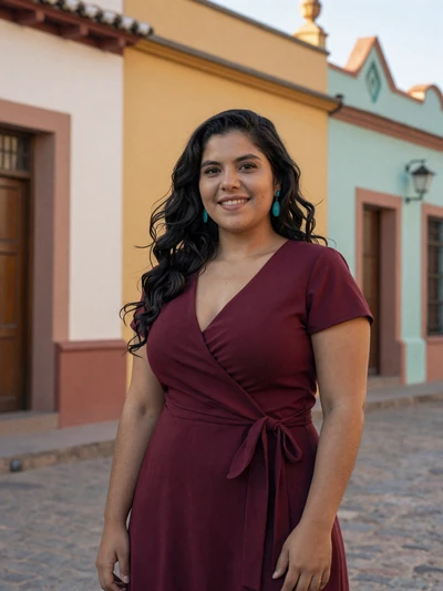 Agustina, 27, Argentinian single from Salta in burgundy dress at colorful colonial street - verified dating profile