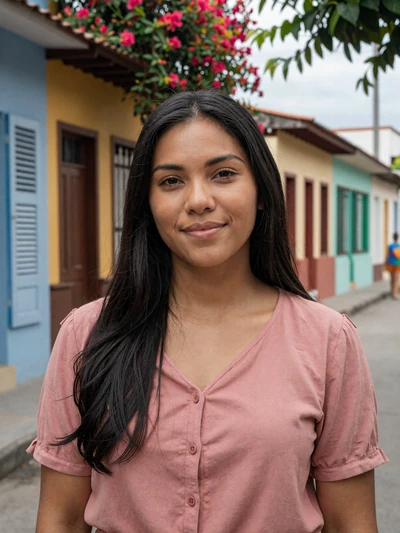 Jade, 26, French Guianese woman of mixed heritage in rose blouse on colorful street in Cayenne - verified dating profile