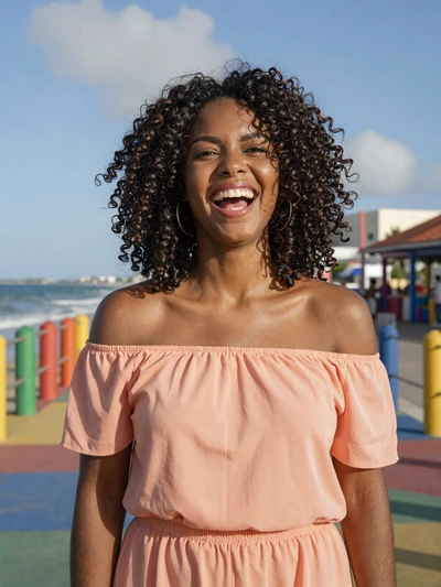 Darlenis, 25, Afro-Dominican single from San Pedro de Macorís in peach blouse on boardwalk - verified dating profile