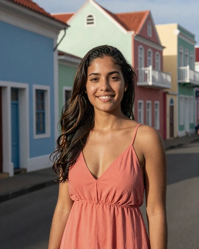 Dutch Antillean woman in coral dress standing in front of colorful Willemstad colonial buildings in Curaçao Punda district