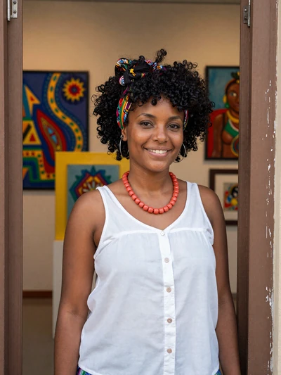 Esther, 29, Haitian single from Jacmel with head wrap at art gallery doorway - verified dating profile