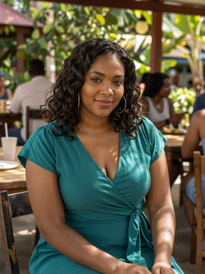 Shanelle, 28, Grenadian woman from Grenville in teal dress at tropical garden cafe - Latin 312 verified profile
