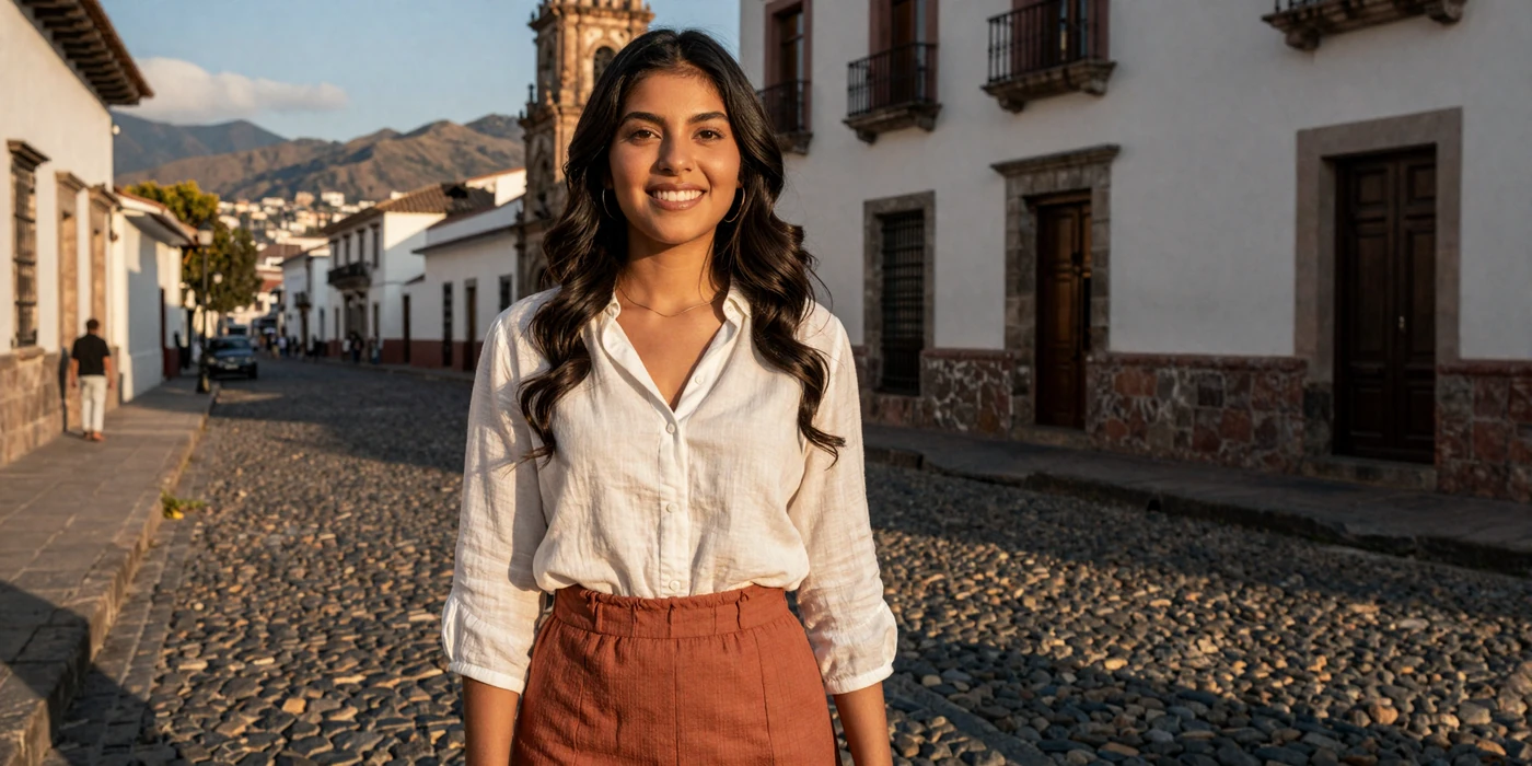 Beautiful Ecuadorian woman smiling on a colonial street in Quito with Andes mountains and golden hour light in the background