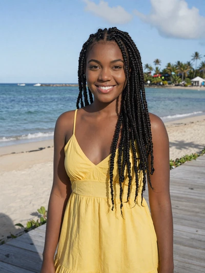 Camille, 23, Afro-Trinidadian single from Point Fortin in yellow sundress on beach boardwalk - verified dating profile