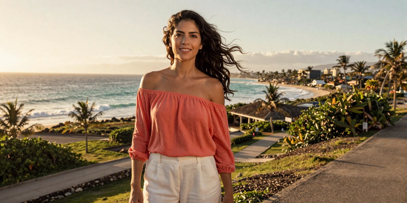 Beautiful Latin woman with flowing dark hair smiling on a tropical coastal promenade at golden hour representing gorgeous Latin women