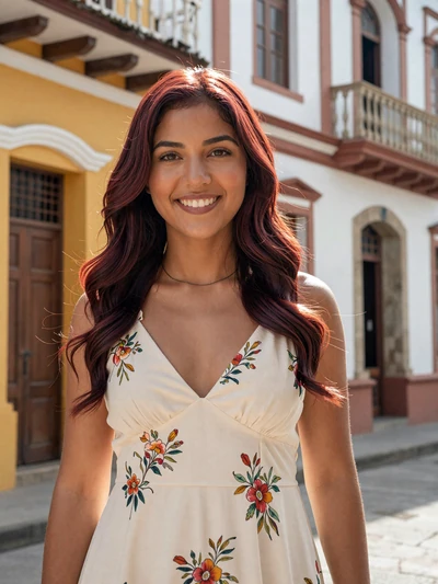 Génesis, 27, Panamanian woman from Chitré with auburn hair at colorful colonial building - Latin 312 Dating profile