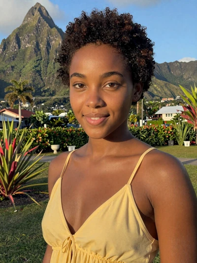 Keisha, 24, Saint Lucian single from Soufrière in yellow sundress with Pitons in background - verified dating profile