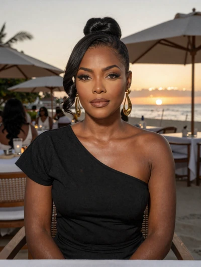 Nadia, 30, Barbadian single from St. James with upswept hair at a sunset restaurant terrace - verified dating profile