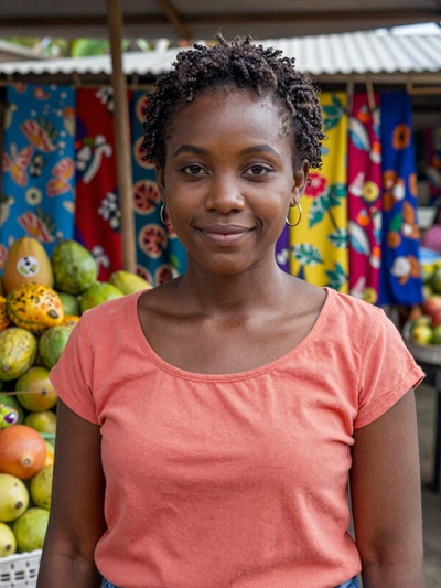 Naïka, 26, Haitian woman from Port-au-Prince with natural hair at colorful outdoor market - Latin 312 verified profile