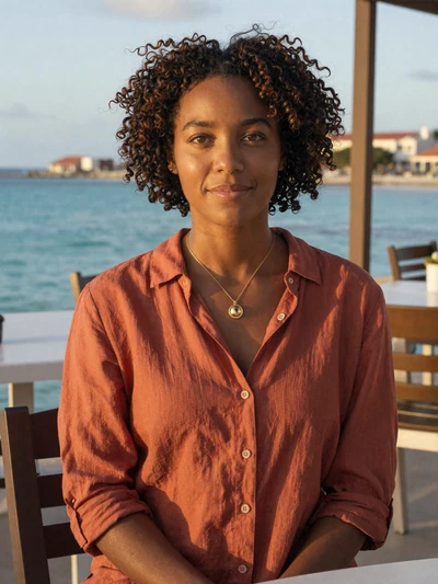 Solange, 29, Bonairean woman from Kralendijk with curly natural hair at waterfront cafe - Latin 312 verified profile